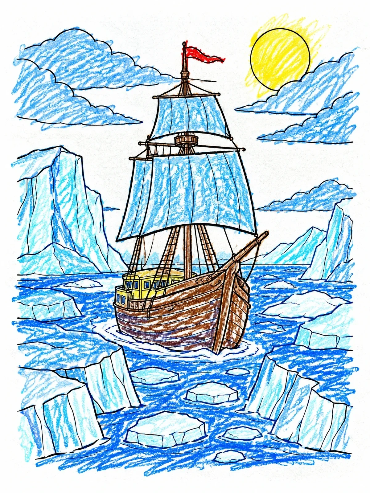 Colored example of the Explorer Ship Navigating Arctic Ice coloring page
