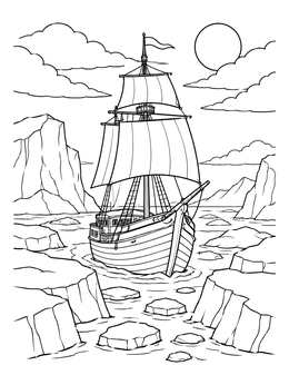 A historic wooden ship navigates icy waters in this henry hudson coloring page.