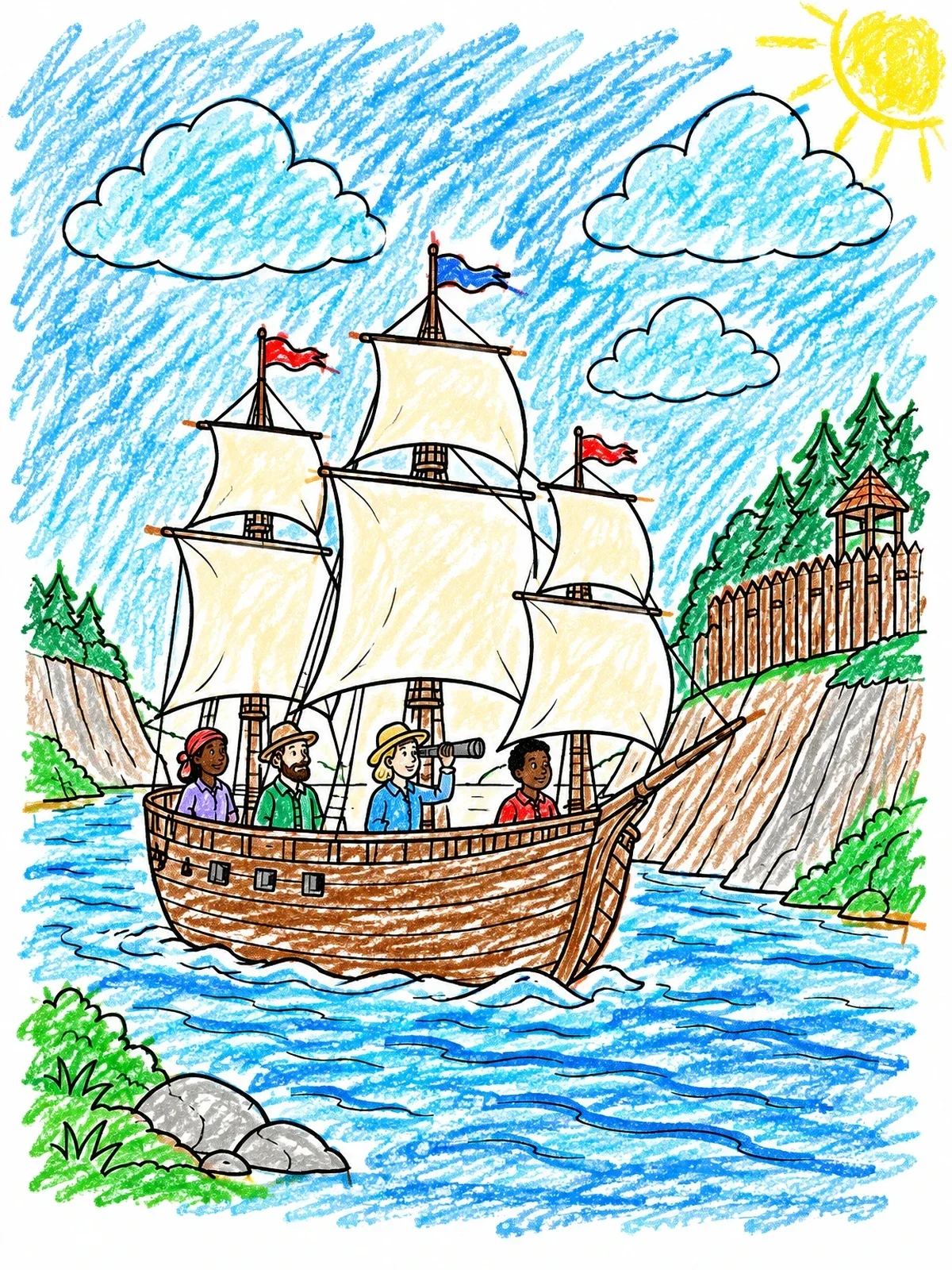 Colored example of the Explorer Ship Sailing Down River coloring page