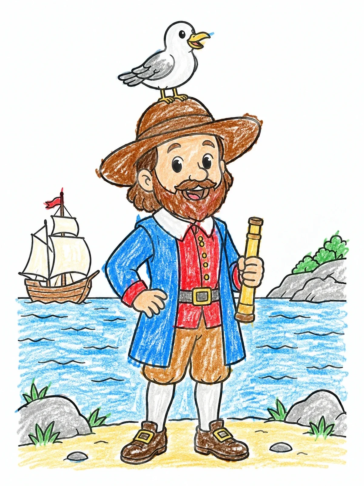 Colored example of the Henry Hudson With Friendly Seagull coloring page