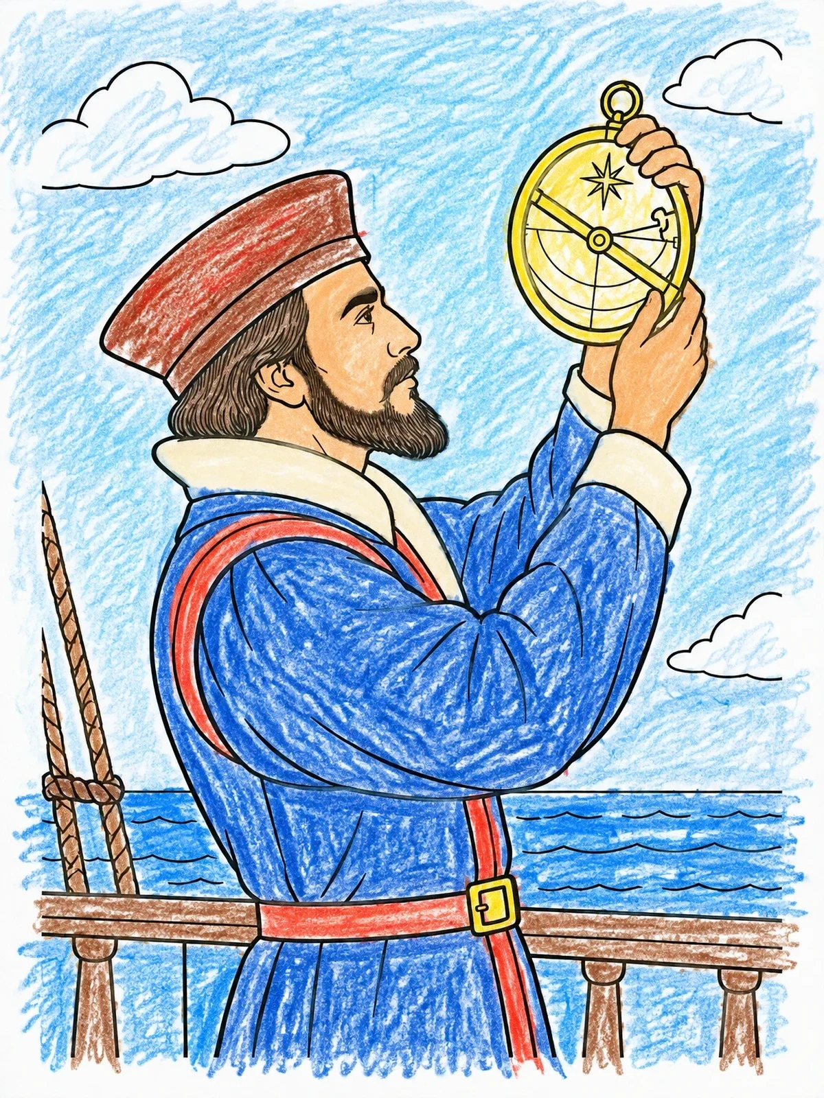 Colored example of the Henry Hudson Navigating With An Astrolabe coloring page