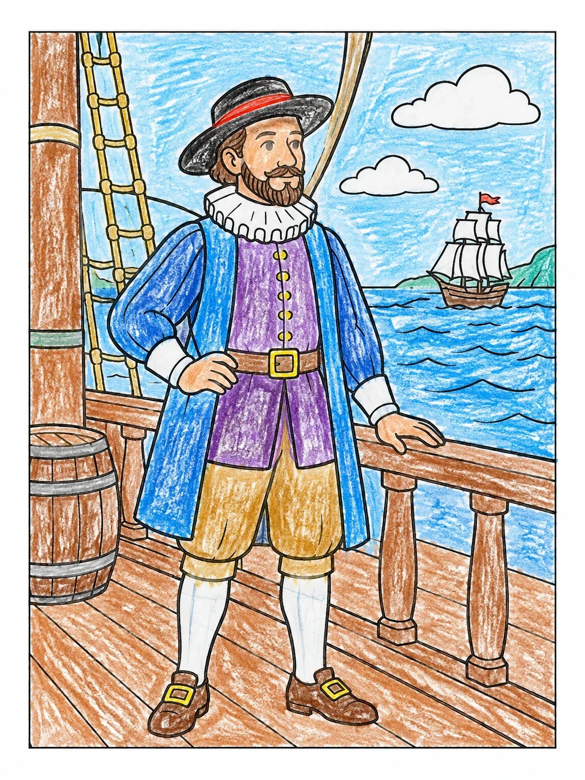Colored example of the Henry Hudson On The Ship Deck coloring page