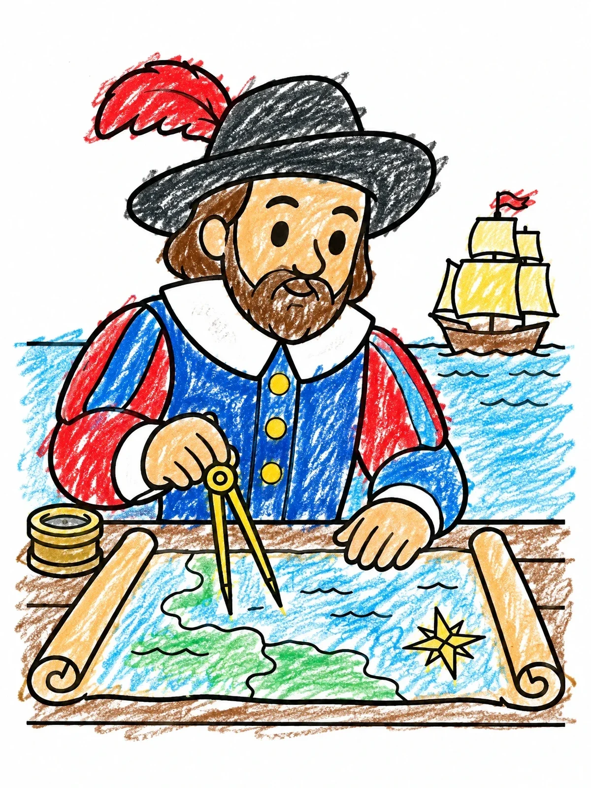 Colored example of the Henry Hudson Planning His Voyage coloring page