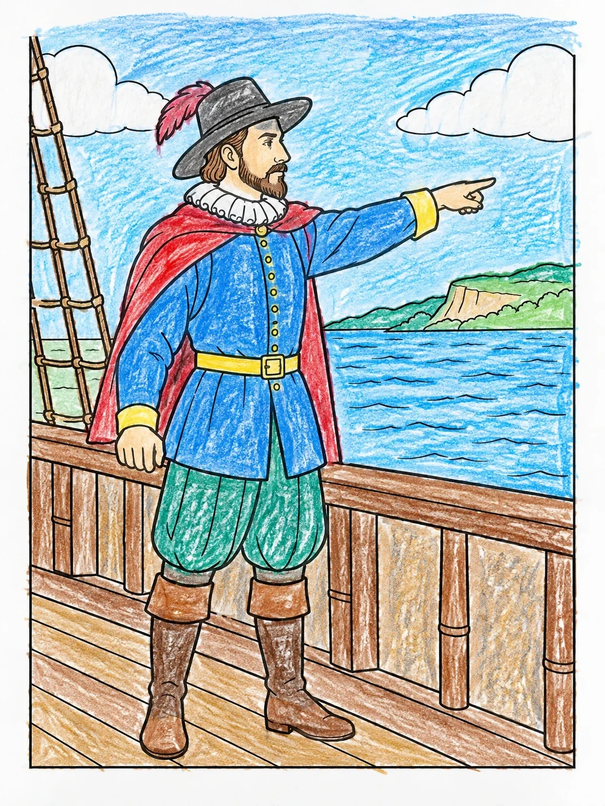 Colored example of the Henry Hudson Pointing To Shore coloring page