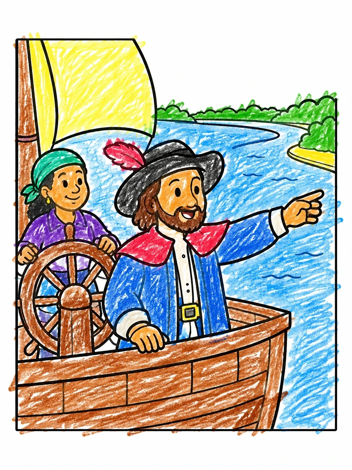 Colored example of the Henry Hudson Sailing The River coloring page