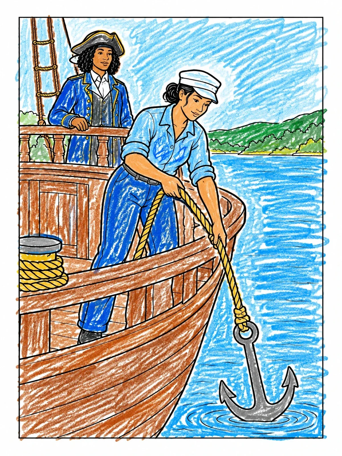Colored example of the Sailor Lowering Anchor From Ship Deck coloring page
