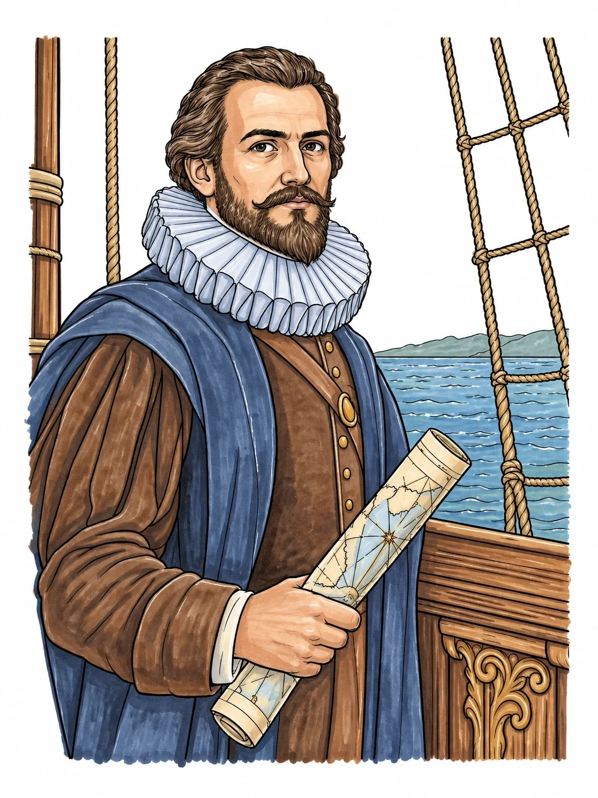 Colored example of the Henry Hudson On Deck With Map coloring page