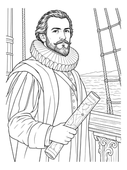 Navigator holding a rolled map on deck in this henry hudson coloring page.
