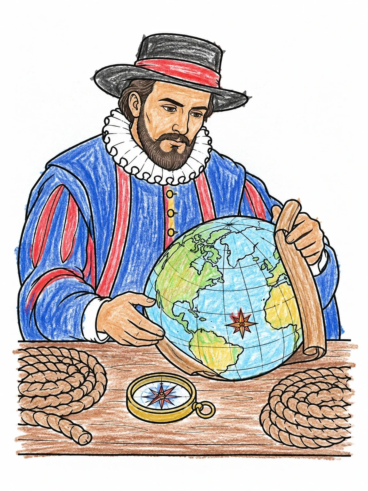Colored example of the Henry Hudson Studying A Globe coloring page