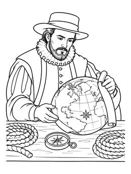 An inspiring henry hudson coloring page showing the explorer studying a globe and compass at his desk.