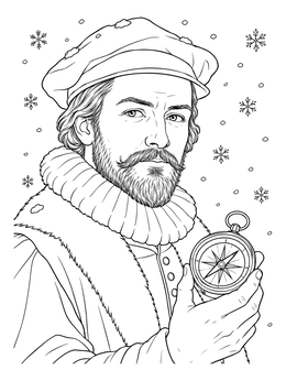 A detailed henry hudson coloring page showing the explorer holding a vintage compass in snowfall.