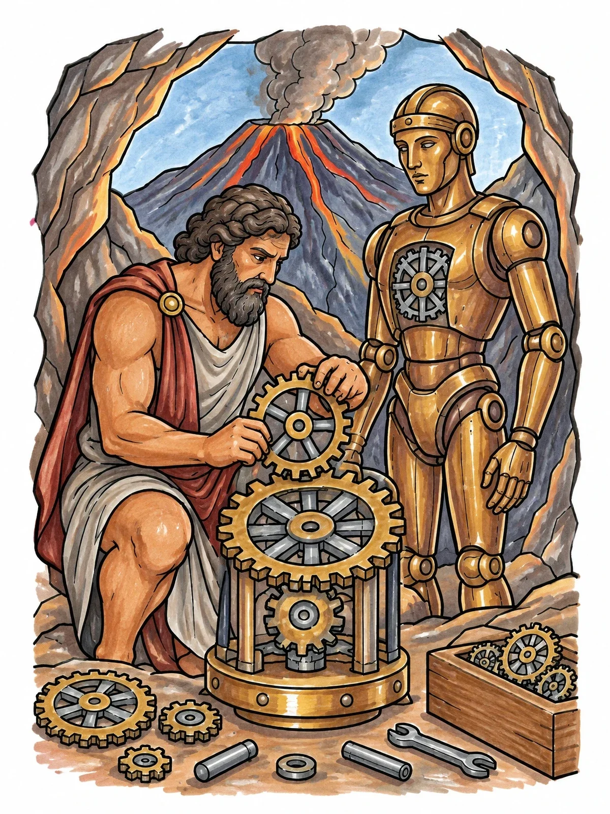 Colored example of the Hephaestus Building A Bronze Automaton coloring page