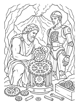 Hephaestus coloring page showing the blacksmith god crafting a mechanical automaton with gears.