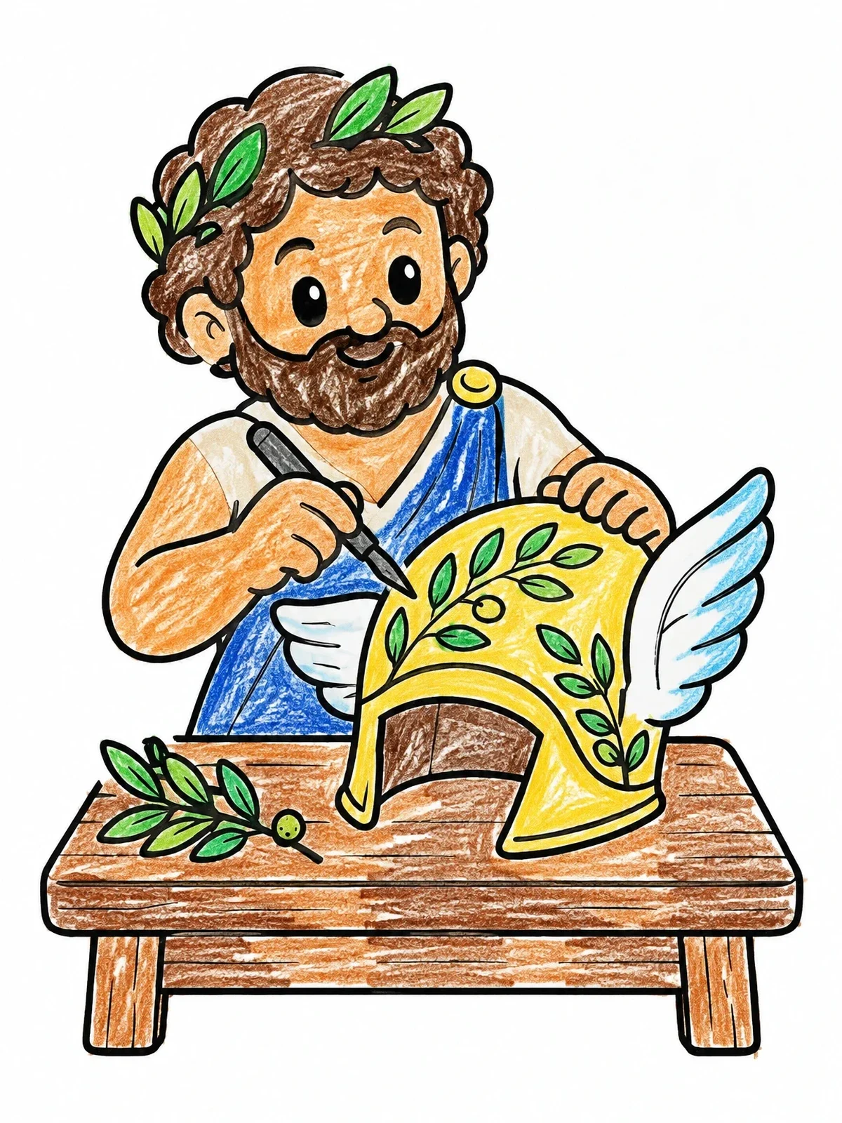Colored example of the Hephaestus Decorating A Winged Helmet coloring page