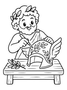 Free printable Hephaestus Decorating A Winged Helmet coloring page