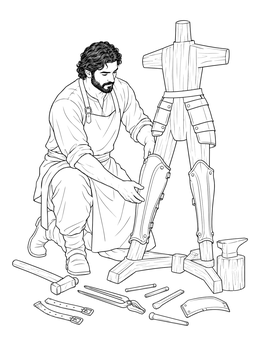 Greek god fitting greaves on an armor stand in this hephaestus coloring page with smithing tools.
