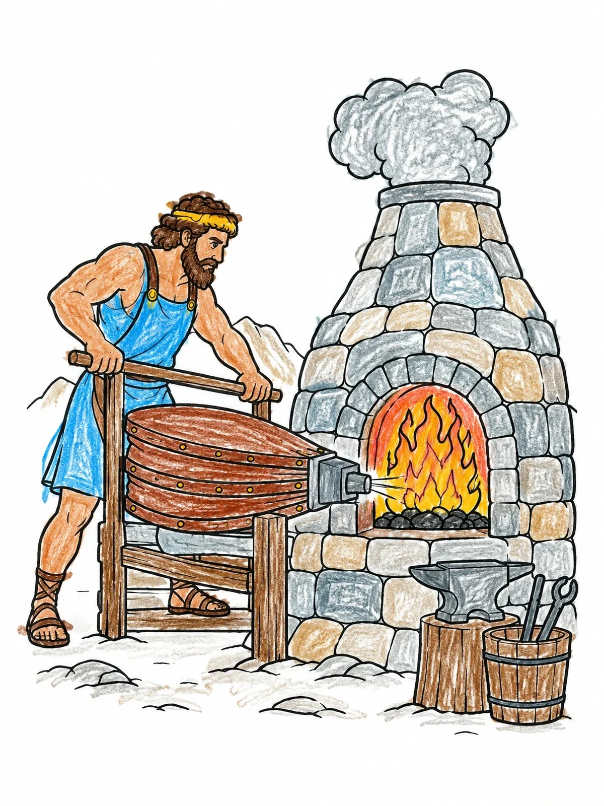 Colored example of the Hephaestus Working The Forge Bellows coloring page