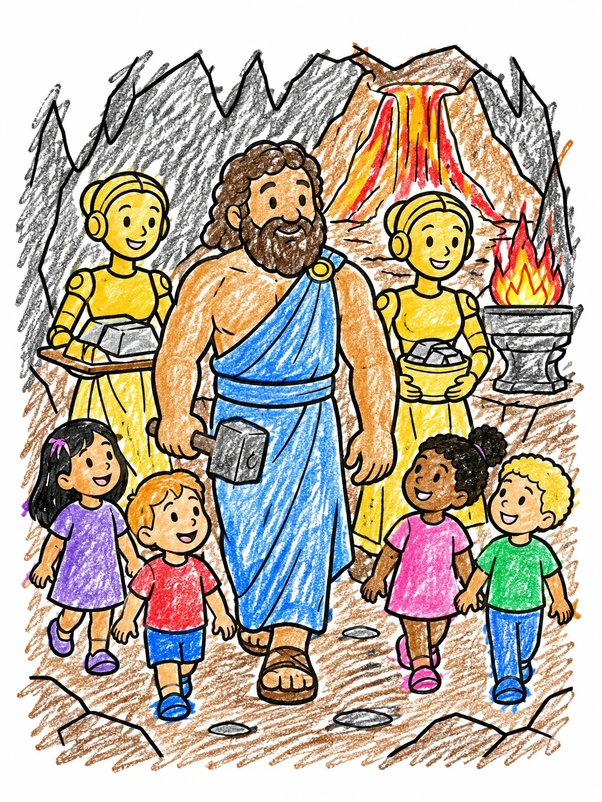 Colored example of the Hephaestus And Helpers In The Forge coloring page