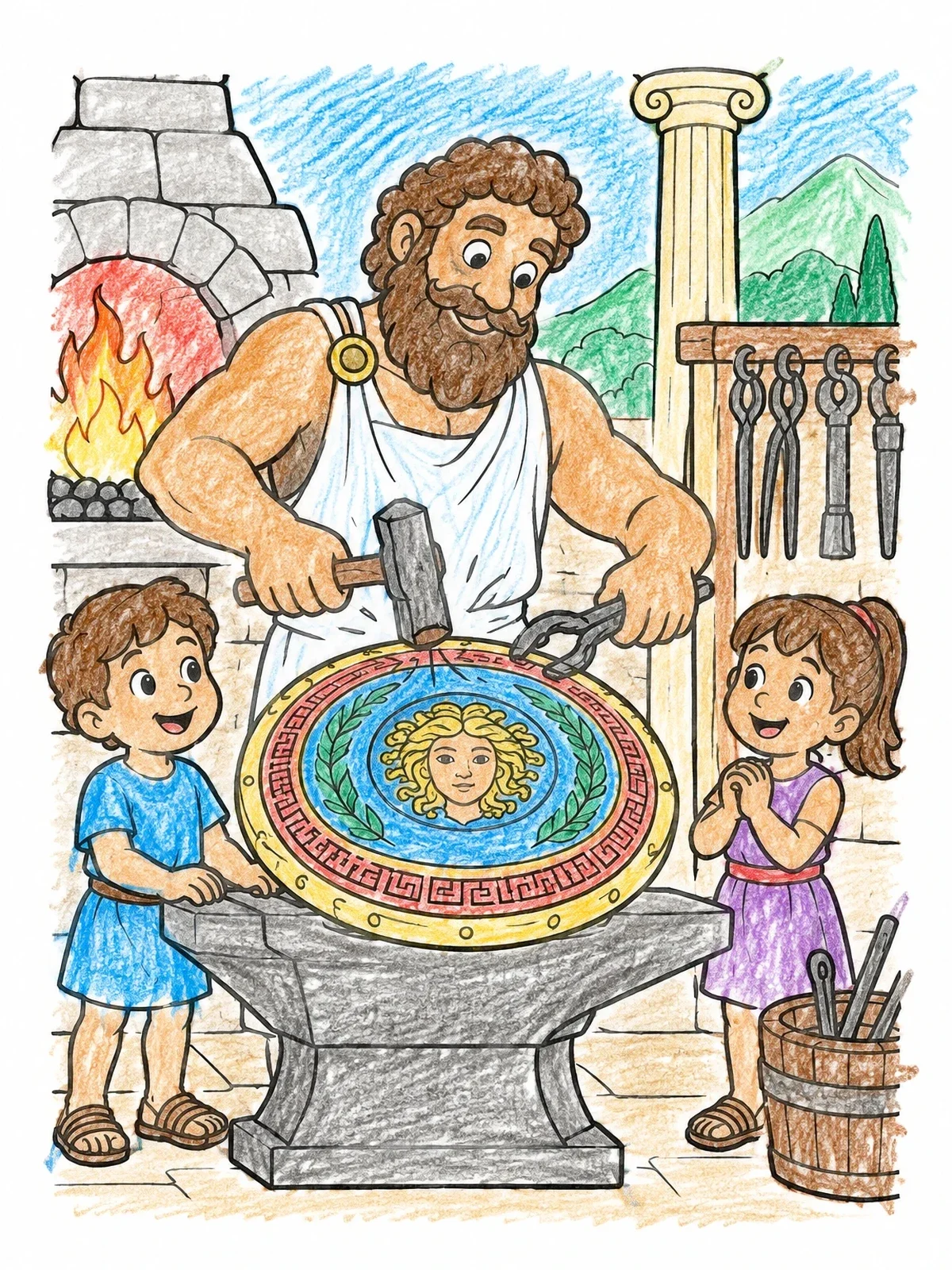 Colored example of the Hephaestus Forging A Mythological Shield coloring page