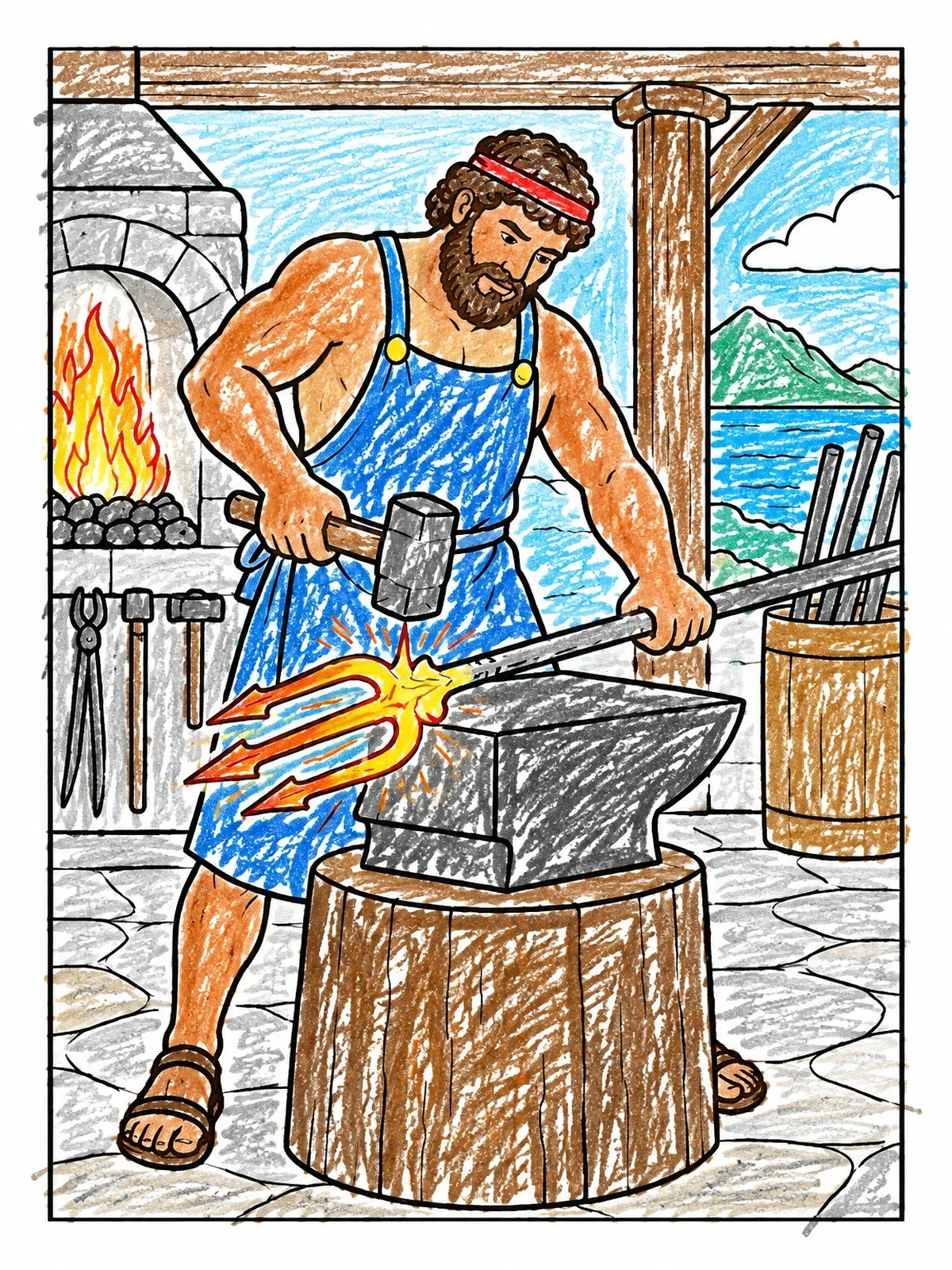 Colored example of the Hephaestus Forging A Trident coloring page
