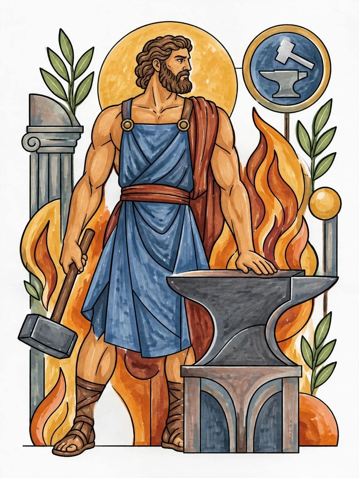 Colored example of the Hephaestus Beside The Anvil coloring page