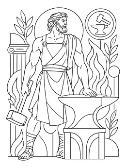 Greek god Hephaestus coloring page standing with a blacksmith hammer next to a large anvil.