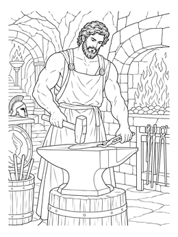 Greek god at the forge in this detailed hephaestus coloring page.