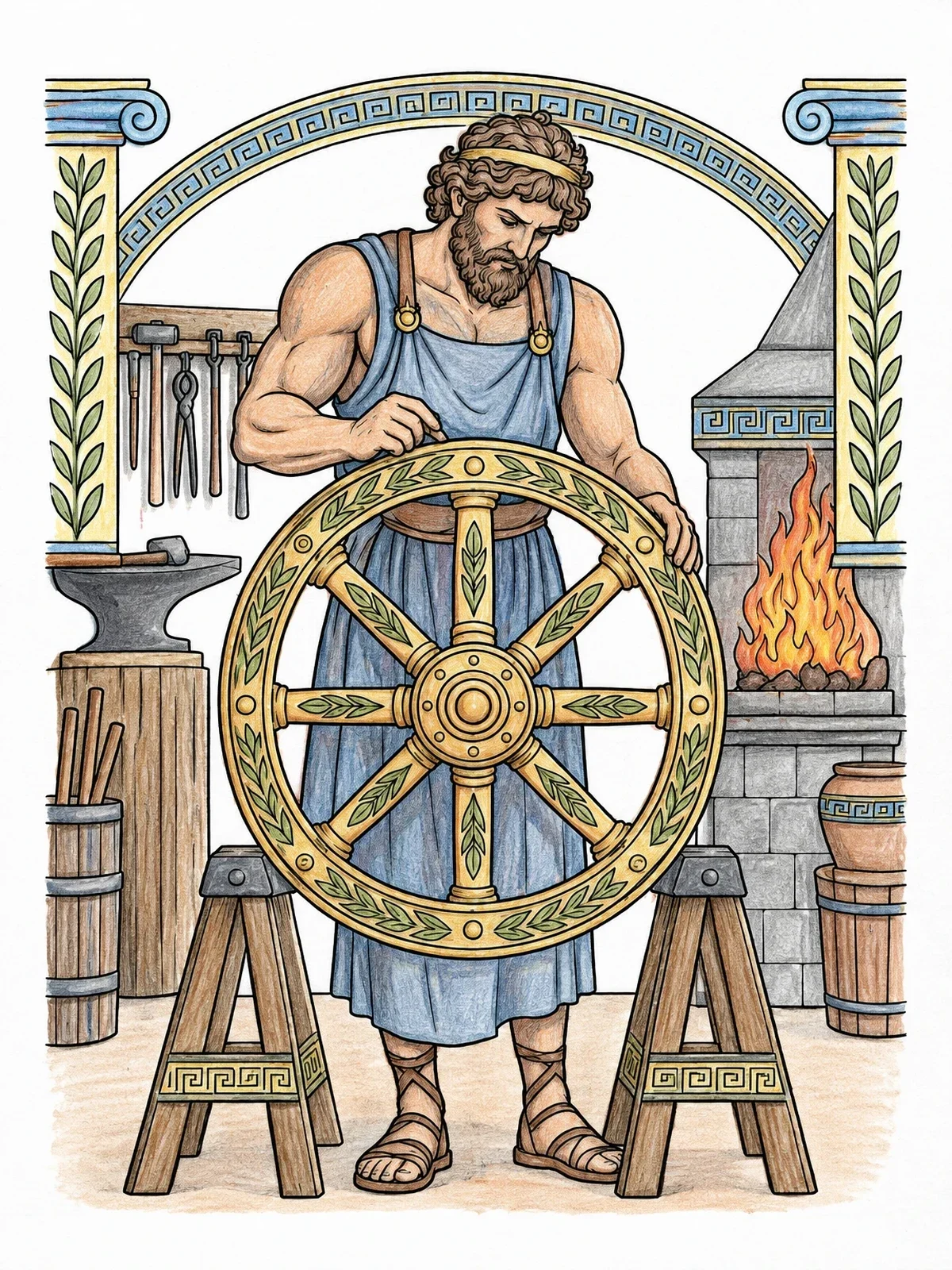 Colored example of the Hephaestus Inspecting A Chariot Wheel coloring page