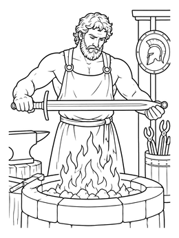 Greek god Hephaestus coloring page showing the blacksmith inspecting a sword over a fiery forge.