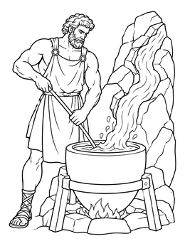 Greek god Hephaestus stirs molten metal in a fiery crucible on this hephaestus coloring page.
