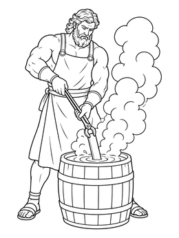 Greek god blacksmith in this hephaestus coloring page cooling metal in a water barrel.