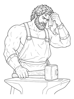 Hephaestus coloring page showing the muscular Greek god wiping his brow by an anvil.