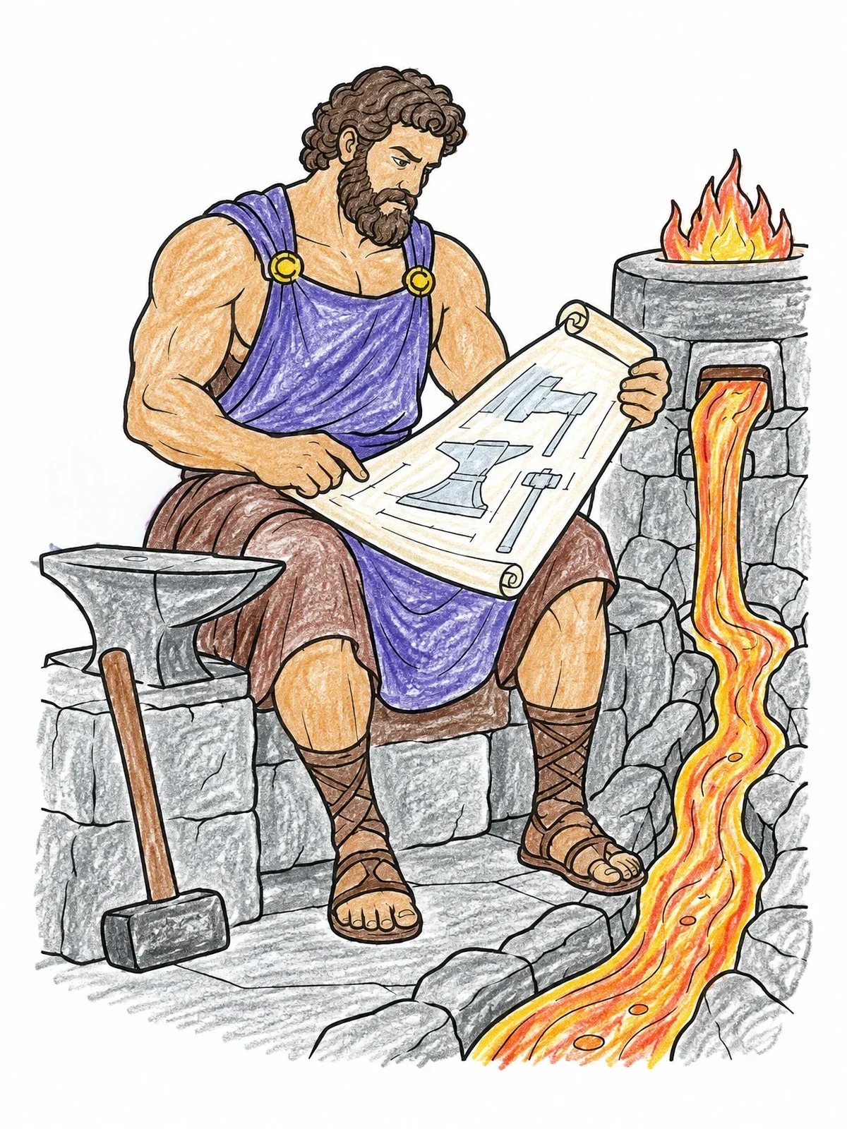 Colored example of the Hephaestus Studying Blueprints At Forge coloring page