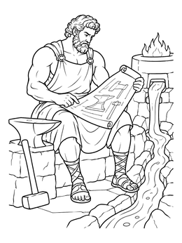 Greek god Hephaestus coloring page showing him reviewing weapon plans beside a molten stream.