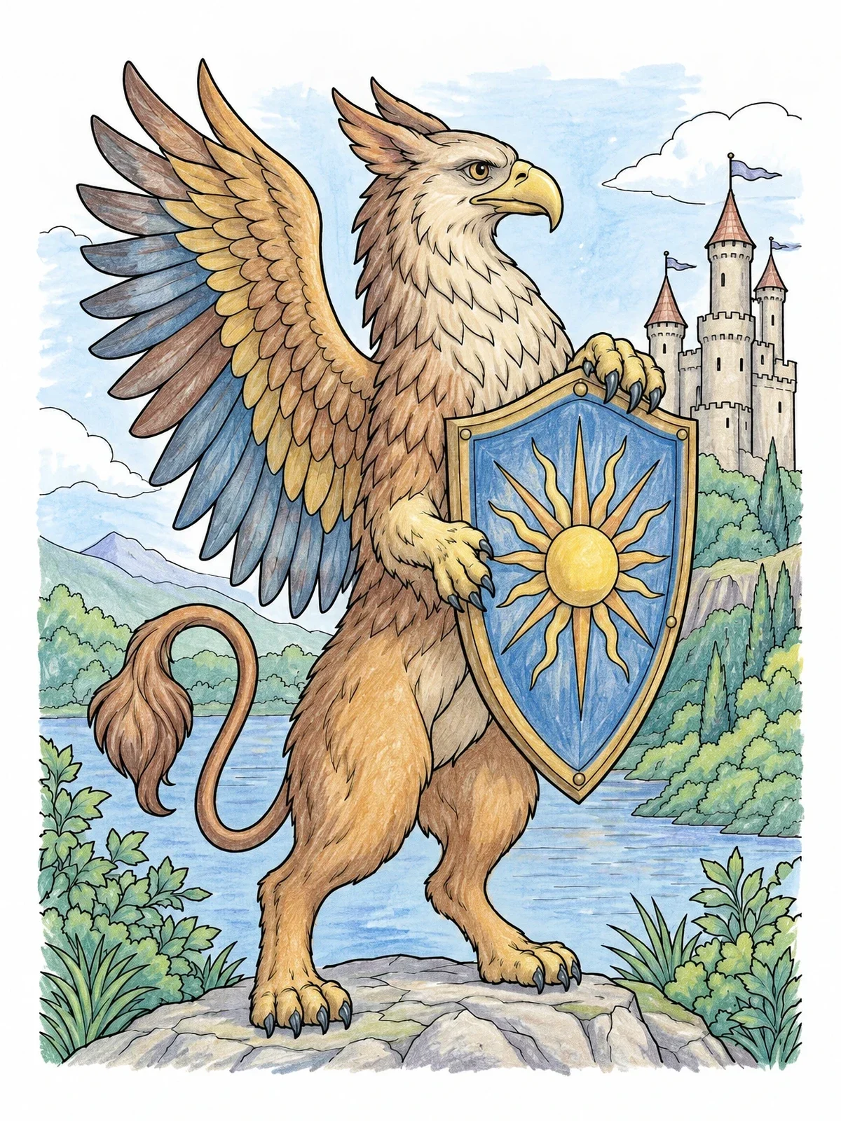 Colored example of the Heraldic Griffin Holding A Shield coloring page