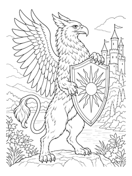 Noble beast in a griffin coloring page standing by a castle while holding a sunburst shield.