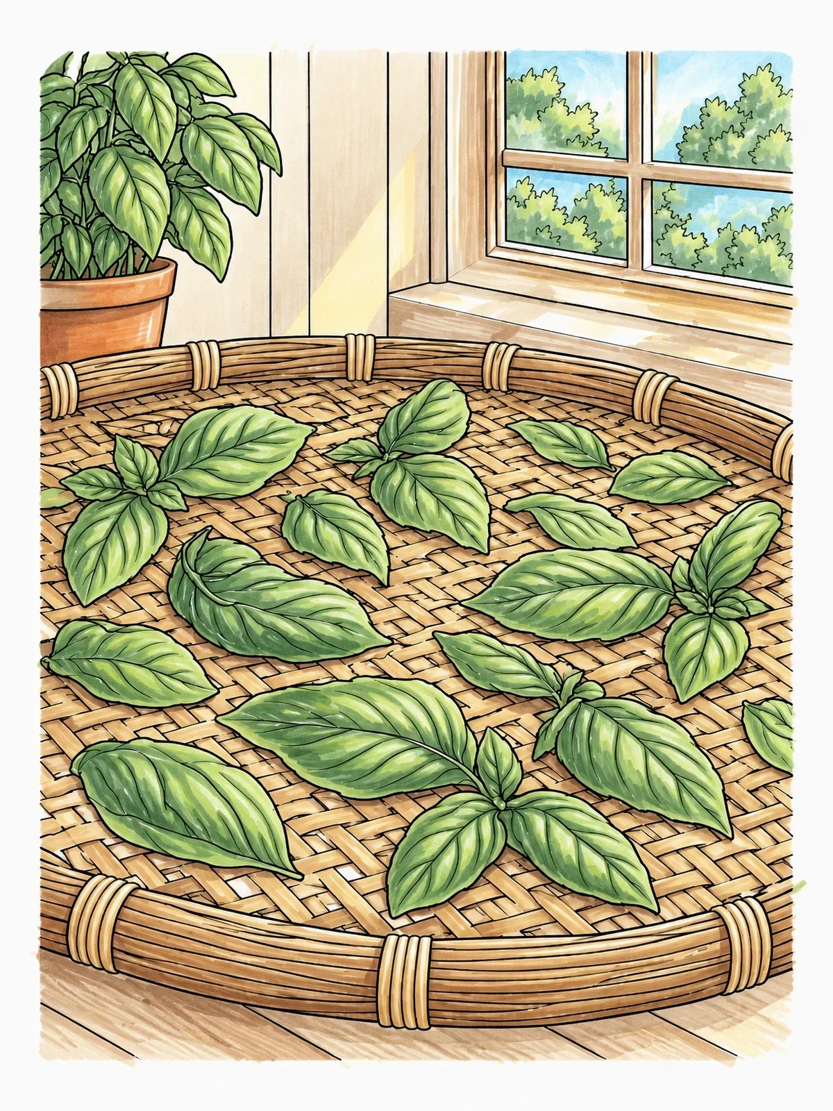 Colored example of the Harvested Basil Leaves On Woven Tray coloring page