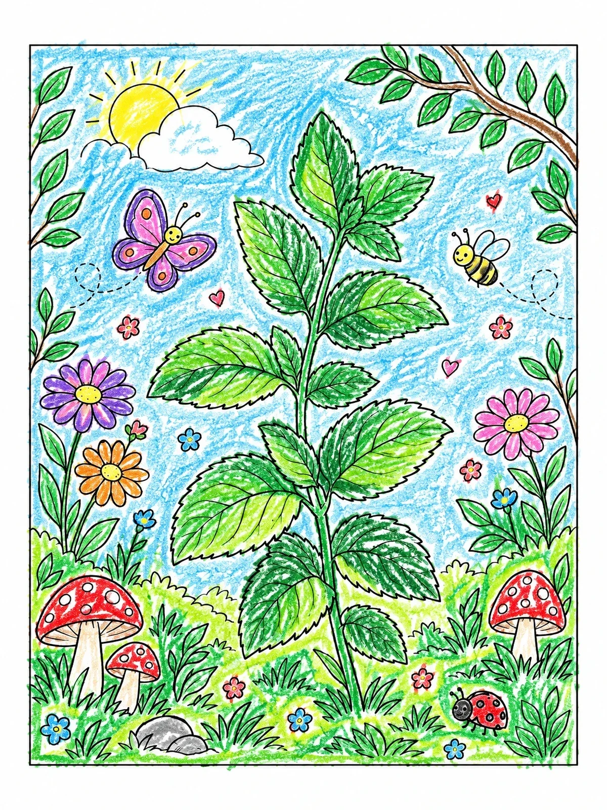 Colored example of the Garden Mint Plant With Friendly Insects coloring page