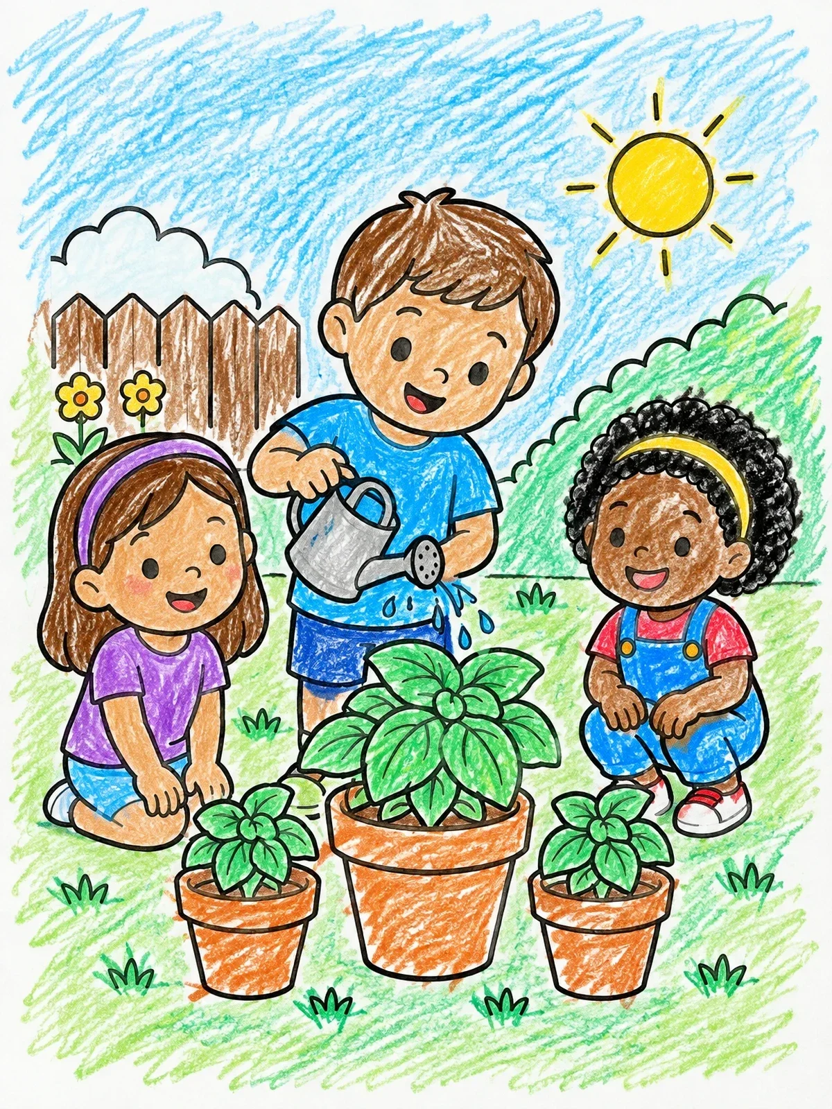 Colored example of the Children Watering Basil In The Garden coloring page