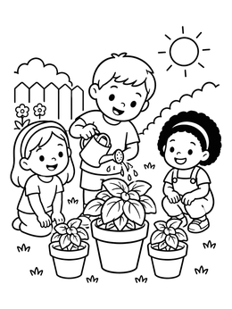 Free printable Children Watering Basil In The Garden coloring page