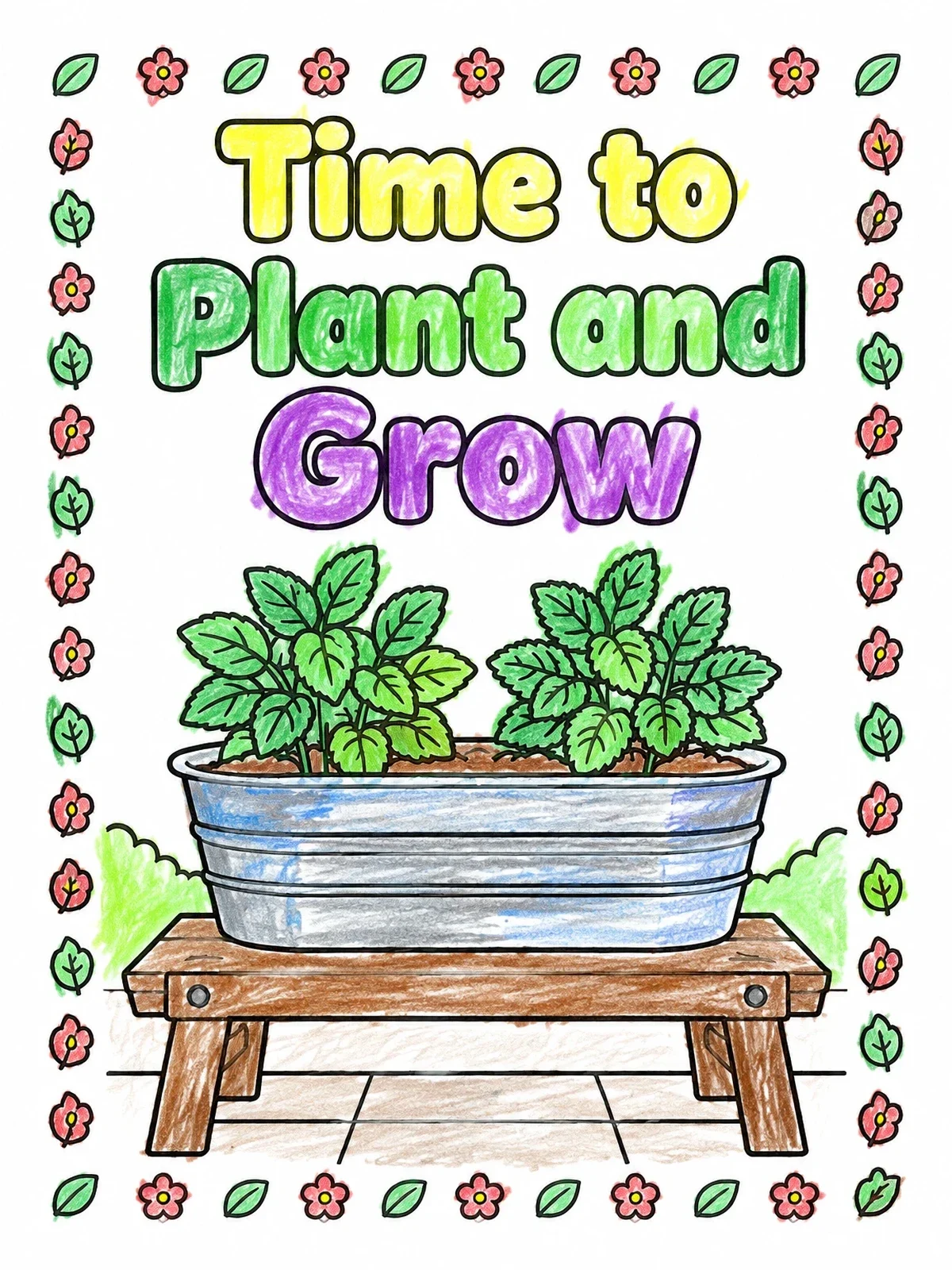 Colored example of the Herb Planter On Garden Bench coloring page