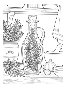 A rustic herb coloring page featuring a glass bottle of rosemary oil, fresh herbs, and garlic on a shelf.