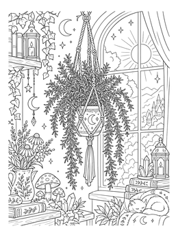 Trailing rosemary hanging by a window in this herb coloring page with a sleeping cat.