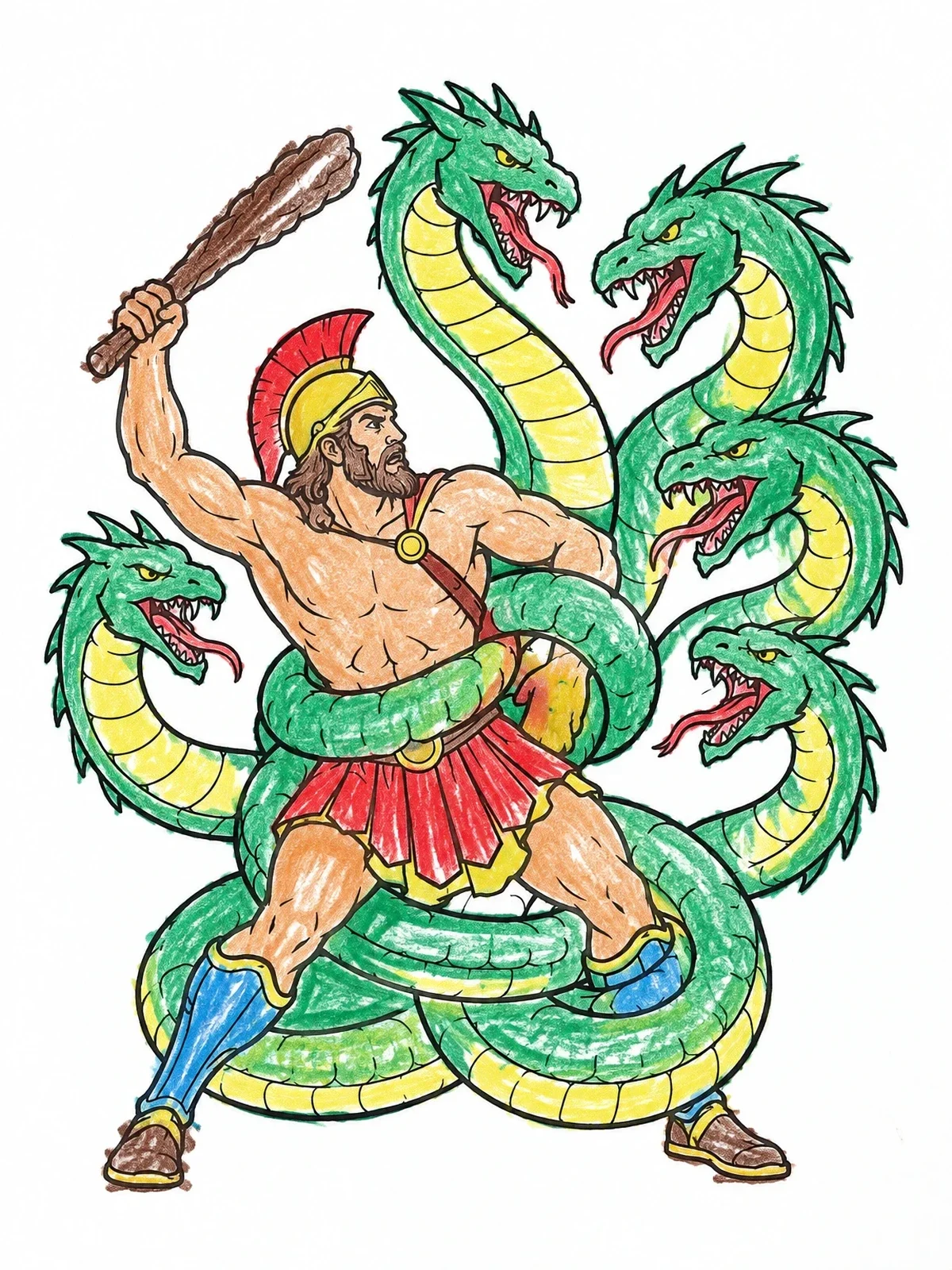Colored example of the Hercules Battling The Multi Headed Hydra coloring page