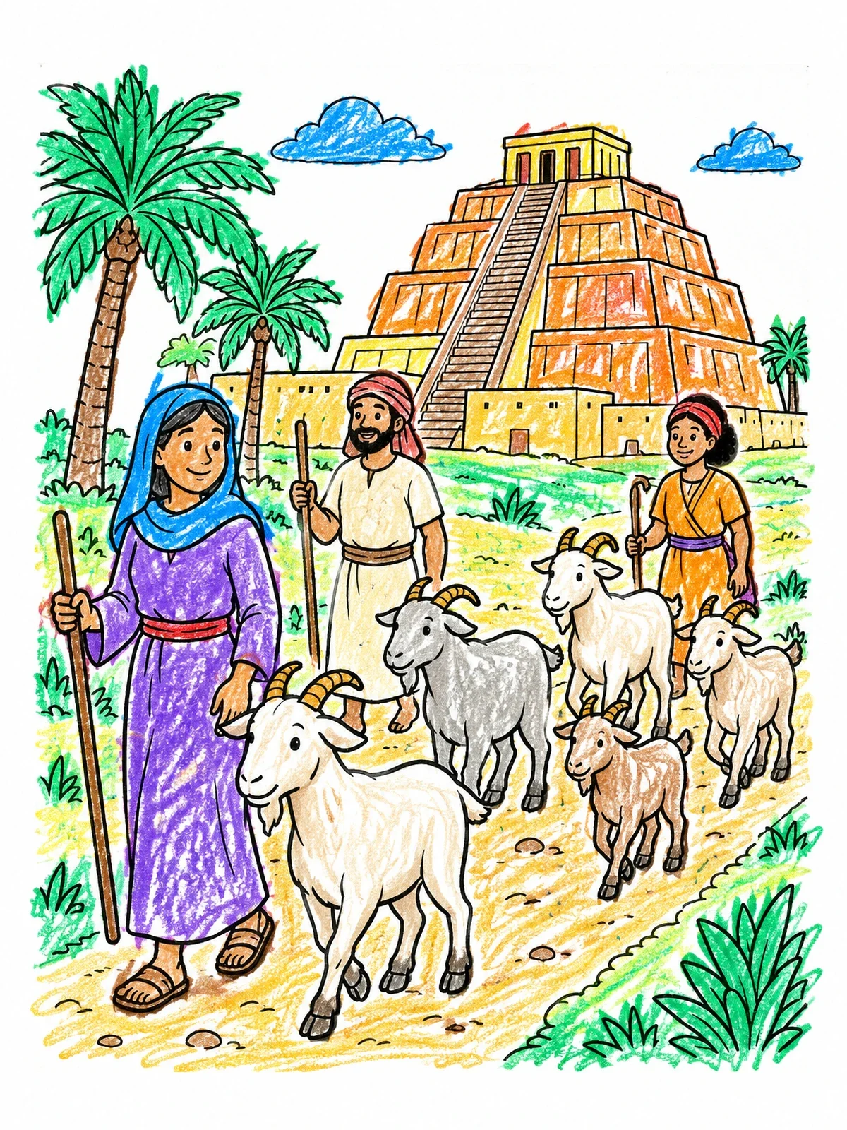 Colored example of the Herding Goats Near Ancient Ziggurat coloring page