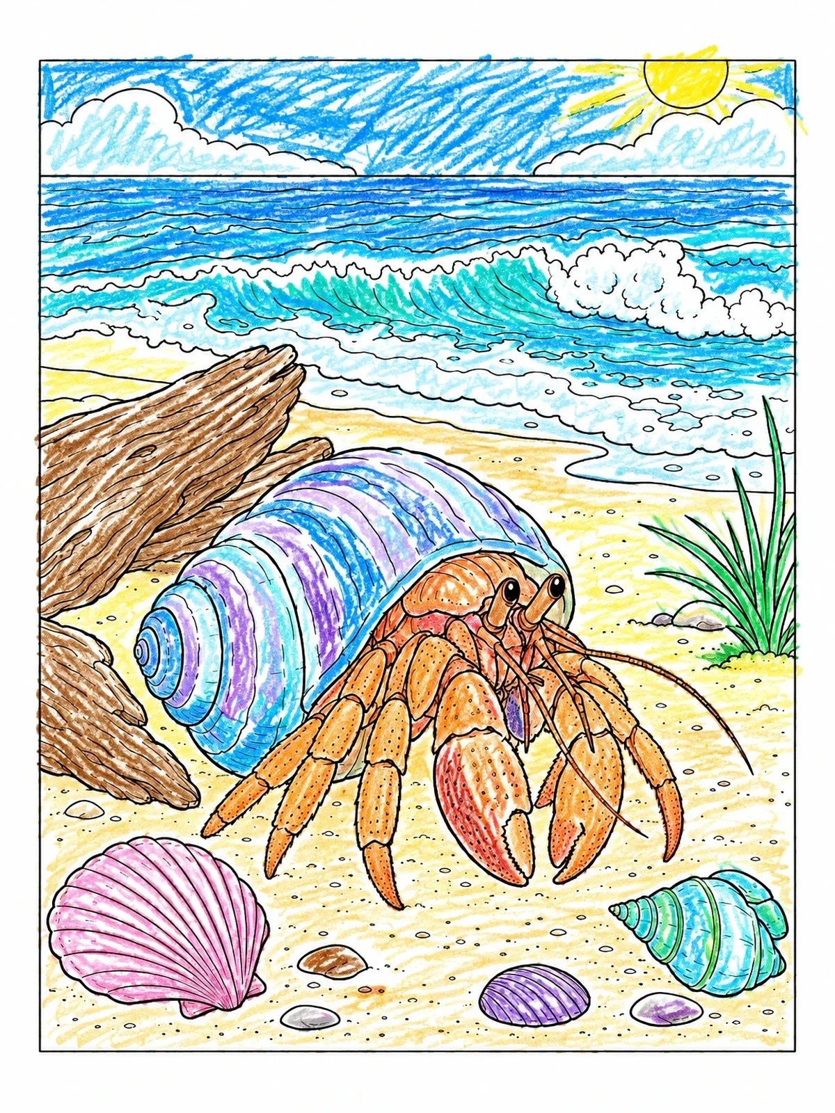 Colored example of the Hermit Crab On The Beach coloring page