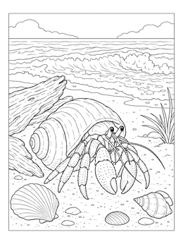 A detailed crab coloring page featuring a hermit crab by ocean waves and seashells.