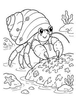 A cheerful crab coloring page featuring a hermit crab examining a rocky tide pool.