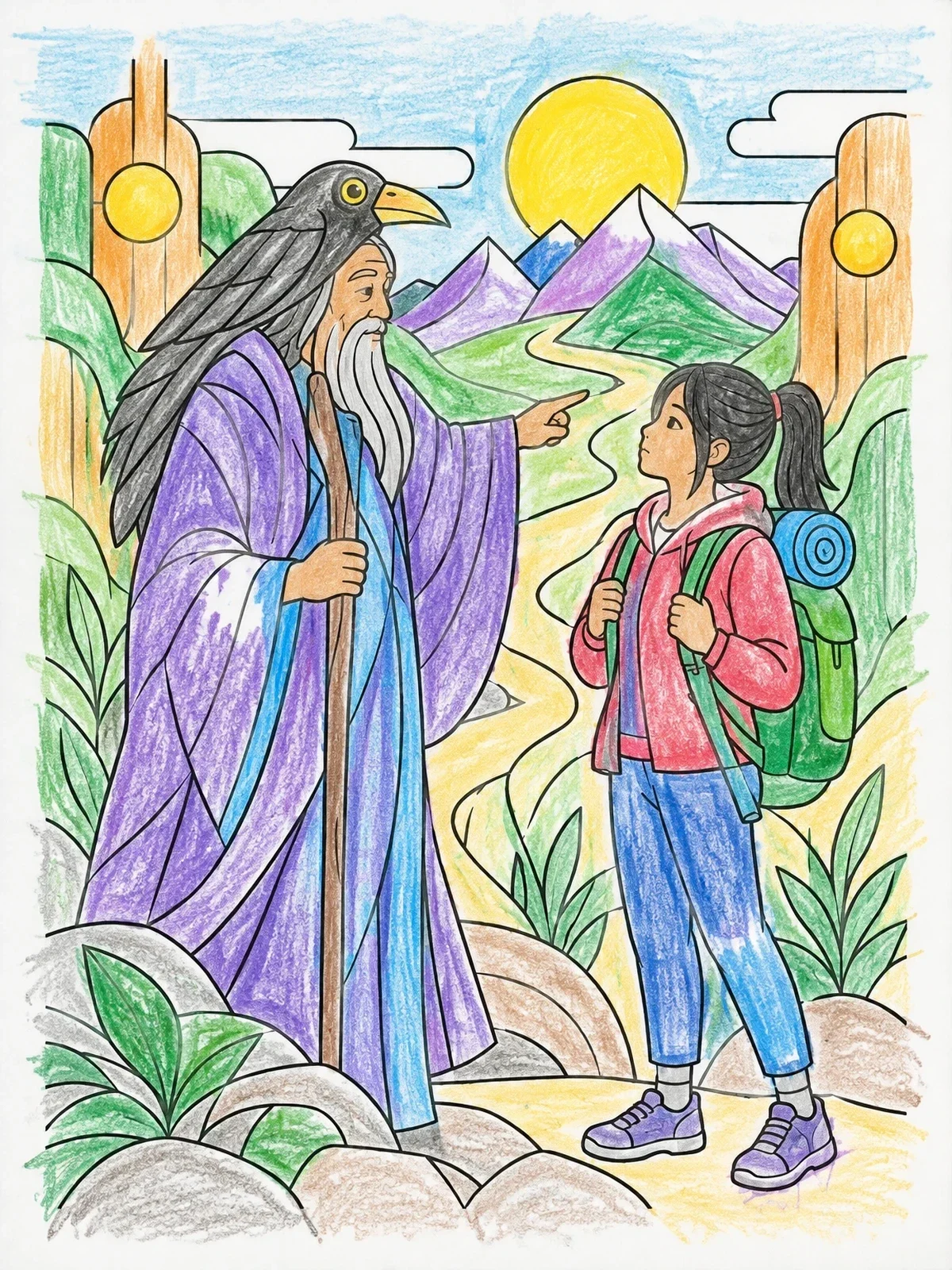 Colored example of the Wise Hermit Guiding A Traveler coloring page