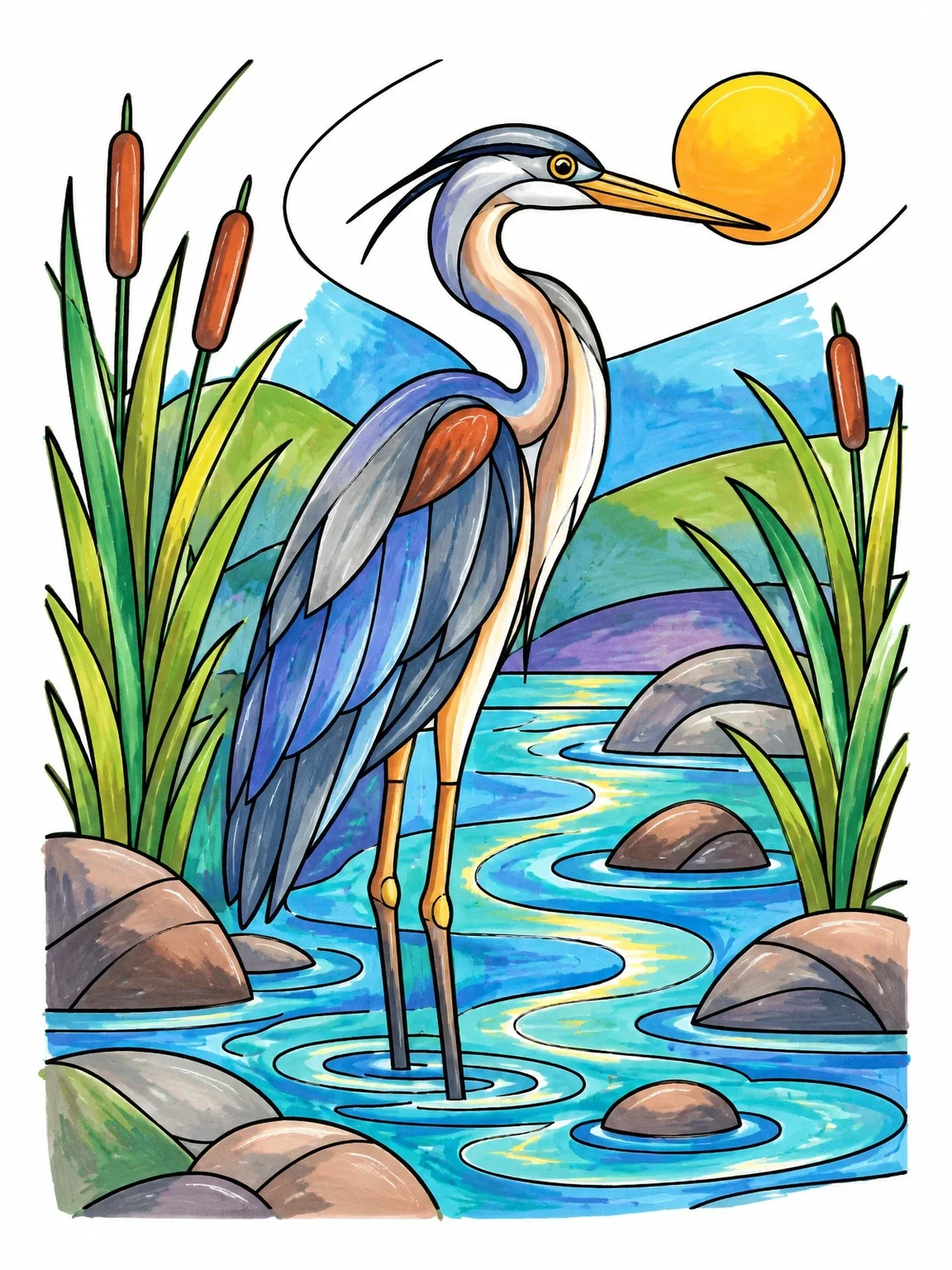 Colored example of the Heron In Calm River Water coloring page